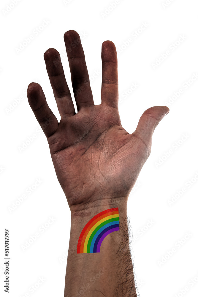 Obraz premium Beautiful and stylized open hand of african american person with a big tattoo of LGBTQ rainbow of pride over 100% white background