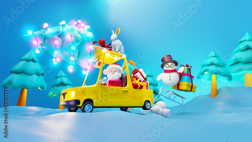 Happy New Year. Santa Claus is carrying a Christmas tree with a rabbit in a cheerful car. Christmas design, banner, modern poster, holiday flyer, brochure, postcard. Winter render 3d illustration.