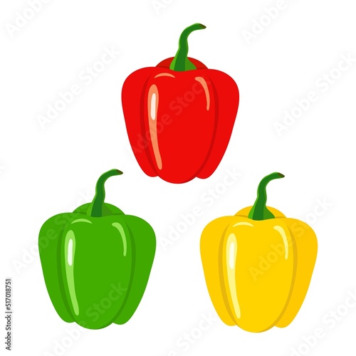 Vector illustration of red green yellow bell peppers. Healthy plant base diet vegetables microbiome gut health concept