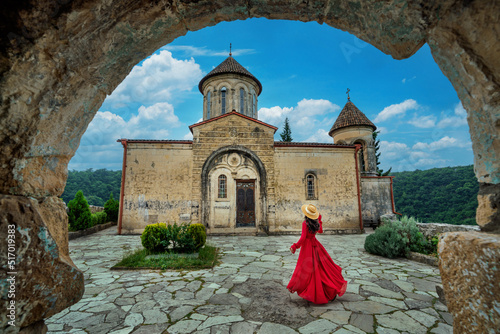 Tourist visiting at Motsameta monastery near Kutaisi, Georgia. photo