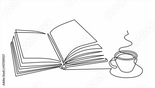 Continuous line drawing of book and coffee, vector illustration, one line