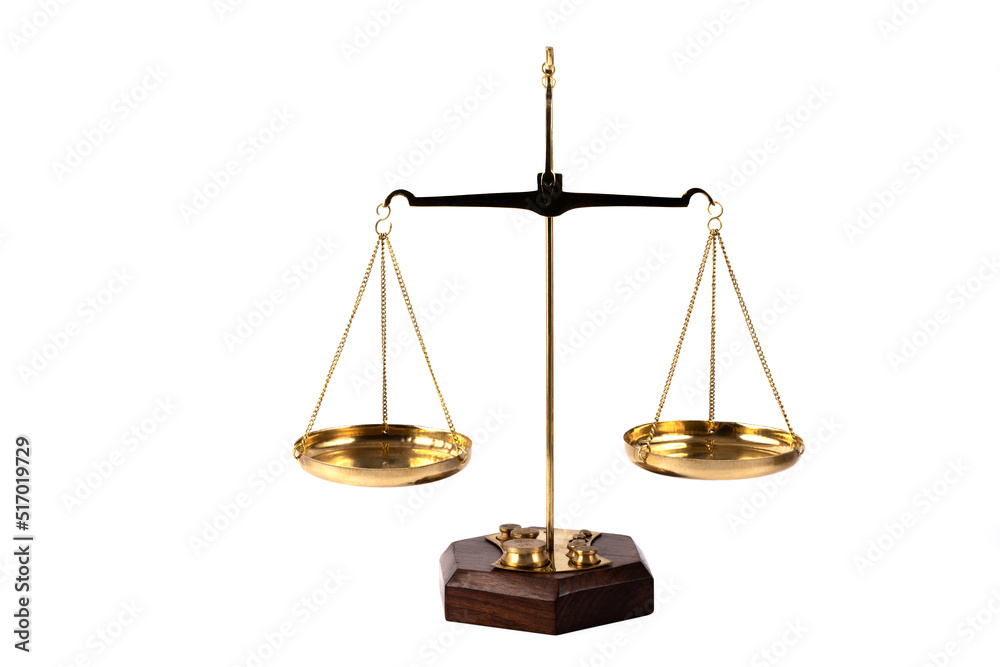 Gilded scales with two hanging bowls on a white background Gilded scales with two hanging bowls on a white background