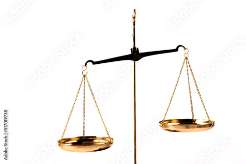 Gilded scales with two hanging bowls on a white background