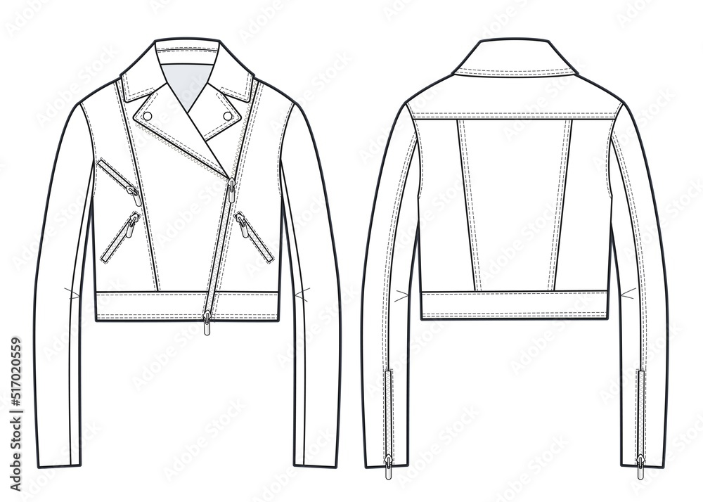 Unisex Biker Jacket fashion flat technical drawing template. Women's