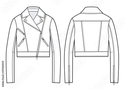 Unisex Biker Jacket fashion flat technical drawing template. Women's Leather Jacket fashion cad mockup, front, back view, white.