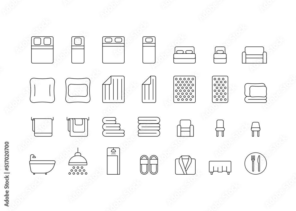 Bedroom and bathroom line icon set. Single and double bed, cushion, blanket, pillow, mattress, sofa, shower, bath, accessories. Furniture for interior, plumbing, house textile. Vector outline sign Bedroom and bathroom line icon set. Single and double bed, cushion, blanket, pillow, mattress, sofa, shower, bath, accessories. Furniture for interior, plumbing, house textile. Vector outline sign