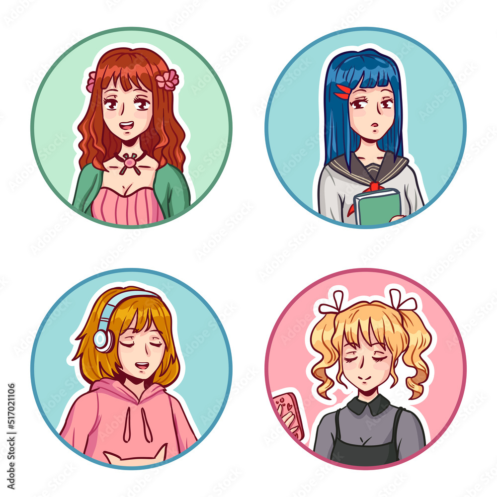 Anime girls avatars. Manga female characters wearing various cute clothes. Young teenagers doing activities Anime girls avatars. Manga female characters wearing various cute clothes. Young teenagers doing activities