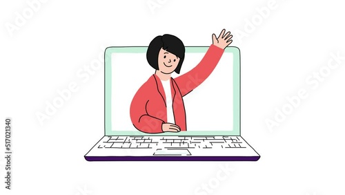 Woman greets on the computer screen. Girl in laptop. Telecommuting concept. Remote employee communicates via the Internet, taking part in online negotiations, in business activities. Working from home