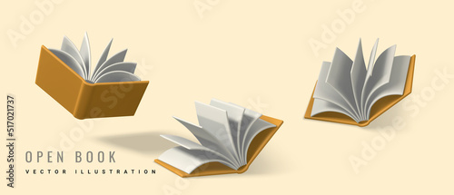 Cute cartoon open book. Realistic 3d book with shaddow on white background. Vector illustration