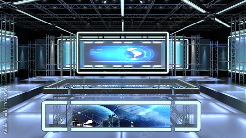 Fototapeta Naklejka Na Ścianę i Meble -  Virtual TV Studio Set. Green screen background. 3d Rendering