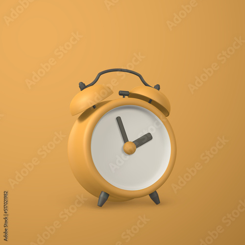 Cute cartoon yellow alarm clock. 3d realistic table clock with shaddow. Vector illustration