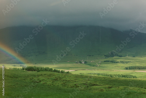 A rainbow in a lush green valley in the Scottish highlands