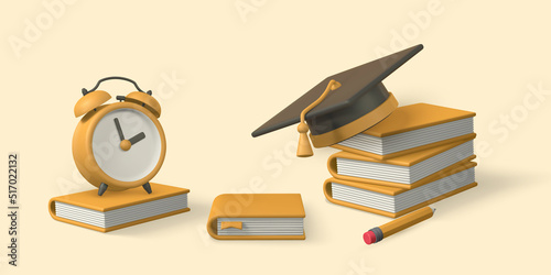 Back to school concept. Books, pencil, alarm clock, graduation cap and diploma. Vector illustration