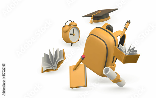 Back to school concept. School bag with book, pencil, alarm clock, graduation cap and diploma. Vector illustration