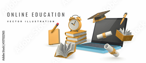 Online education concept. Laptop with books, pencil, alarm clock, graduation cap and diploma. Vector illustration