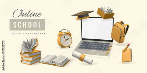 Online school concept. Laptop with books, pencil, alarm clock, graduation cap and diploma. Vector illustration