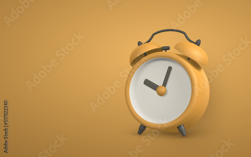Cute cartoon yellow alarm clock. 3d realistic table clock with shaddow. Vector illustration