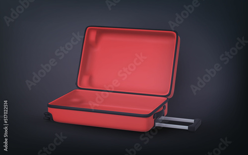 Time to travel promo banner design. 3D travel trolley bag. Realistic open plastic suitcase. Tourism symbol isolated on white background. Vector illustration