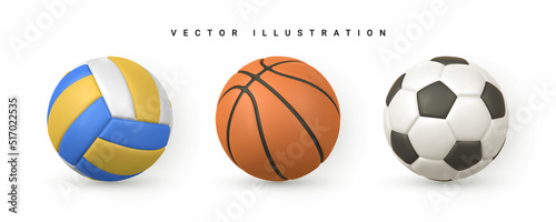 Set of 3d realistic soccer, football, basket and volley ball on white background. Vector illustration © Oleh