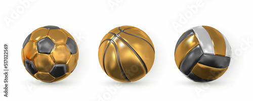 Set of 3d realistic golden soccer, football, basket and volley ball on white background. Vector illustration