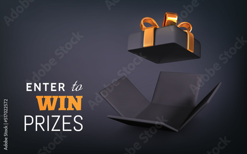 Open Gift Box on dark background. Enter to Win Prizes. Vector Illustration