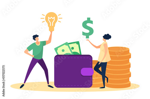 Business concept. Man holding light bulb and woman carrying dollar sign. People having creative idea and money