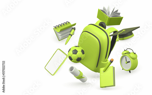 School time concept. School bag with book, phone, pencil, alarm clock, graduation cap and diploma. Vector illustration