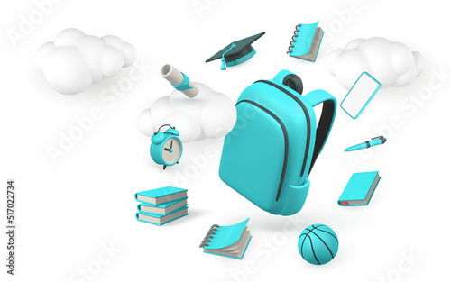 Back to school concept. School bag with book, pencil, alarm clock, graduation cap and diploma. Vector illustration