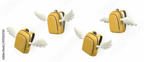 Cute cartoon yellow backpack with wings. 3d realistic school bag. Back to school concept. Vector illustration