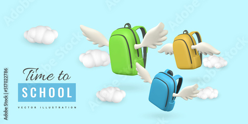 Time to school promo banner design. 3d realistic school bag with wings fly in clouds. Vector illustration