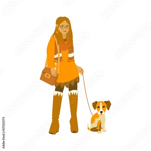 Hipster girls in boho outfits walk with Jack russell terrier . Happy pet owner in casual wear. Flat illustration on white background