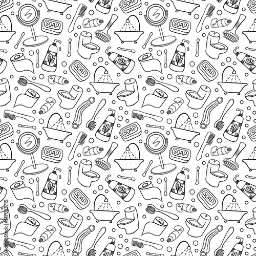 Bath and shower hand drawn seamless pattern. Black doodles on white background. Vector illustration.