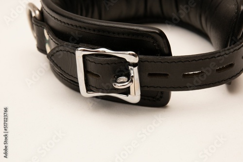 Fotografering Closeup of a shiny metallic buckle on leather collar isolated on white