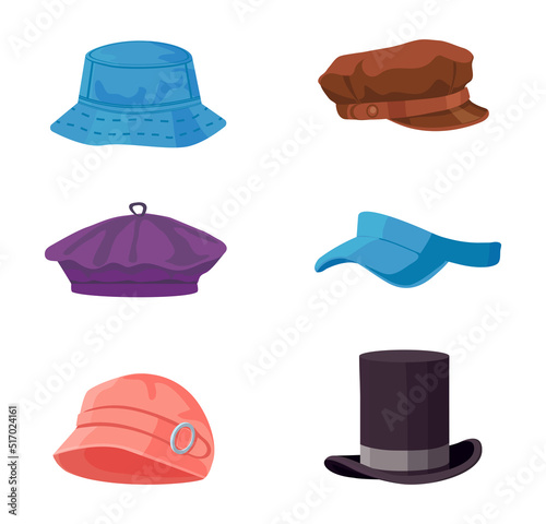 Cartoon headwear. Female and male different style headdress. Elegant and sport fashion accessory as bonnet