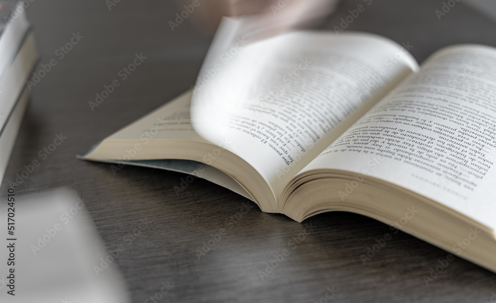Obraz premium Person reading a novel or looking through its pages relaxed at home at a wooden table