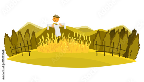 Farm landscape. Agriculture field, rural nature scene. Ruralfield panorama with stuffed to scare away birds