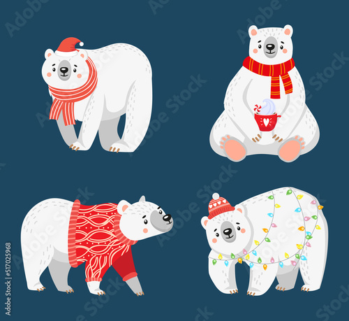 Christmas polar bears. Cute characters wearing winter holiday sweaters, Santa hats and scarfs. Arctic animals