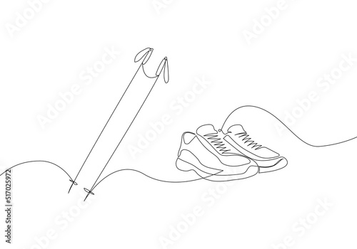 Nordic walking set with sport shoes,walking poles one line art. Continuous line drawing of sport, speed, running, sneakers, sprinter, marathon, jogger, activity, tracking, sporty athlete training