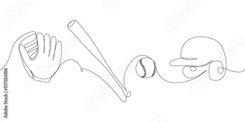 Baseball set with helmet, bat, ball, glove one line art. Continuous line drawing of sport, hardball, softball, sports, activity, american, game, training, competitive, leisure, professional play