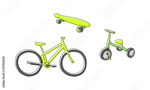Colored bicycles and skate one line art. Continuous line drawing of sport, transportation, color, kid, bike, fun, roller, hobby, mobile, cycle, teenager, fitness, bike, activity, urban