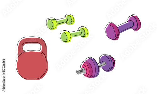 Fitness colored set with kettlebell one line art. Continuous line drawing of sport, strength, power, fitness, activity, active, muscular, wellness, weight, workout, athlete dumbbell muscle, color.