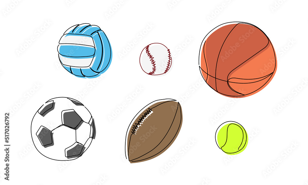 Football, basketball, tennis, baseball colored ball one line art. Continuous line drawing soccer, rugby, volleyball, color, sport, running, ball sports, activity, athlete, game, training, goal, play.