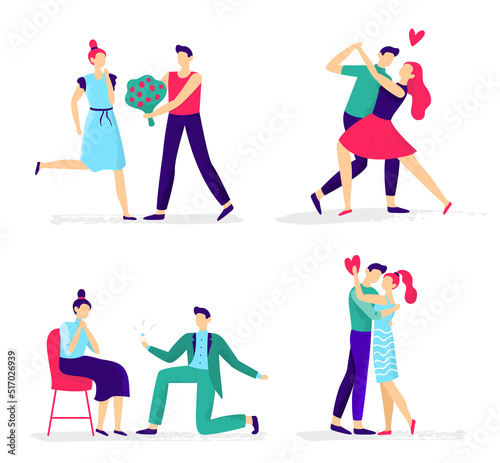 Cute couple in love, people having romantic relationships. Man diving flowers to girl, male character making marriage proposal