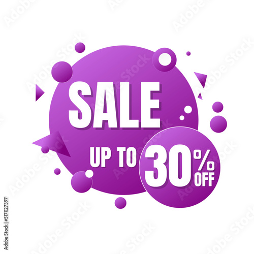 30% off, UP to, tag sale, 3D abstract design of various shapes purple, icon Vector illustration, Thirty 