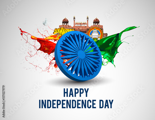 Fototapeta Indian happy Independence Day celebrations with flying pigeon, text and Ashoka Wheel