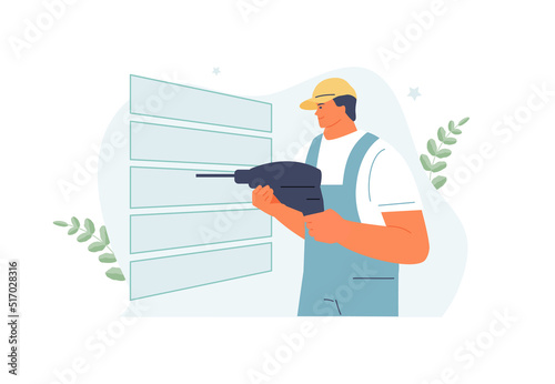 Professional repairman with a drill in his hands. Repair service vector illustration