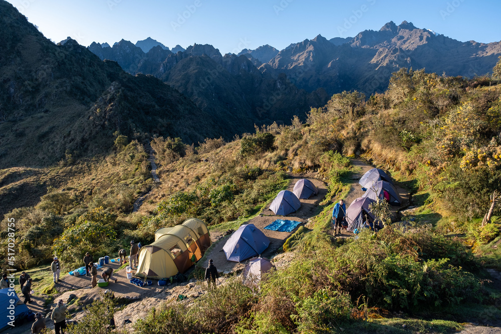 Beautiful mountain views from our tent and campground on the Inca Trail in Peru - obrazy, fototapety, plakaty 