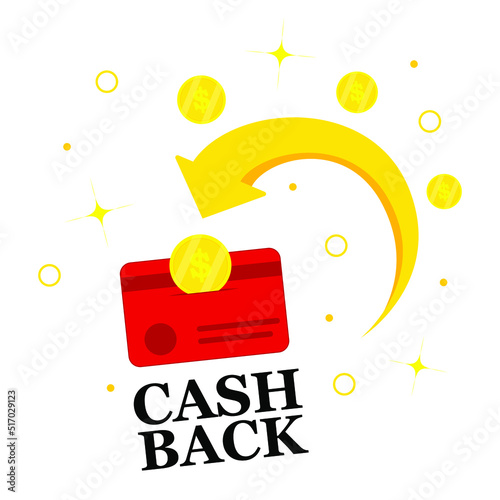 Cashback loyalty program concept. Credit or debit card with returned coins to bank account. Money back service design. Bonus cashback symbol vector illustration