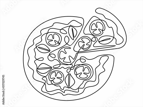 Continuous one line drawing of Italy pizza for restaurant logo badge. Italian pizzeria logotype template concept isolated on white background. Trendy single line draw design vector illustration