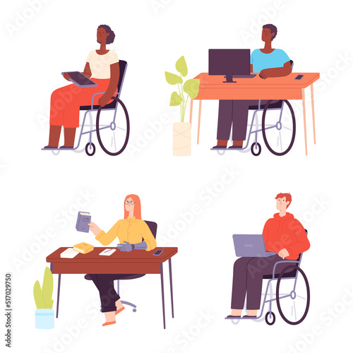 Diverse people work. Office workers sitting at desks with devices. Multinational people with disabilities